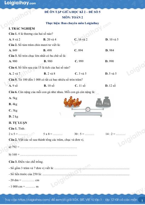 Đề kiểm tra giữa học kì 2 Toán 2 Kết nối tri thức - Đề số 5